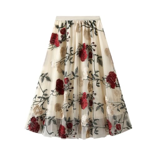 Tulle Skirts for Women Floral Embroidery High Waist Skirts Layered Mesh A-Line Midi Skirt Spring Summer Party Outfits