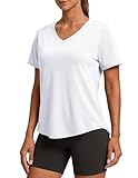 PINSPARK Womens Workout Tops V Neck Short Sleeve Gym Shirts Moisture Wicking Quick Dry Breathable Soft Athletic Running Tees,White Large