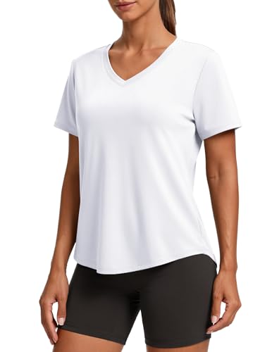 PINSPARK Womens Workout Tops V Neck Short Sleeve Gym Shirts Moisture Wicking Quick Dry Breathable Soft Athletic Running Tees,White Large