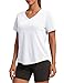 PINSPARK Womens Workout Tops V Neck Short Sleeve Gym Shirts Moisture Wicking Quick Dry Breathable Soft Athletic Running Tees,White Large