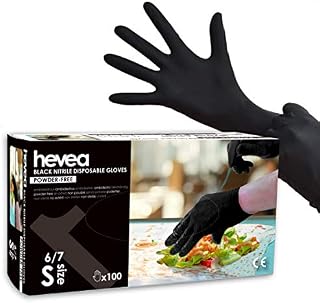 Hevea - Disposable nitrile gloves. Powder- and latex-free. Pack of 5 boxes with 100 gloves each. Size: S (Small). Colour: Black