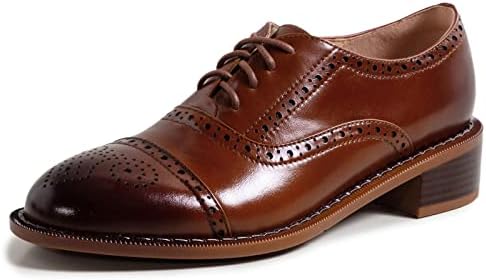 U-lite Women's Perforated Lace-up Wingtip Pure Color Leather Flat Oxfords Vintage Oxford Shoes Brown-4 6