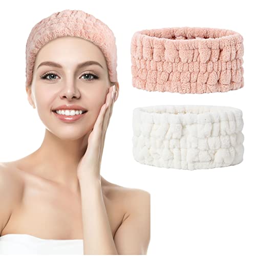 2 Pcs Spa Headband For Washing Face Wash Headband Makeup Headband For Washing Face Skincare Headbands For Women Hair Band For Washing Face Facial Headband And Spa Wrap Towel Headbands (White , Pink) #TOP25