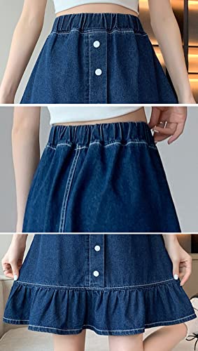 CHARTOU Women Denim Jean A Line Skirt Above Knee Flared Ruffle Skirt Button Elastic Waist Pleated Jean Skirt3