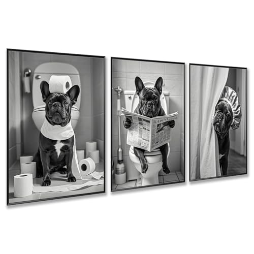 3Pcs Black and White Bathroom Wall Art French Bulldog Reading New...