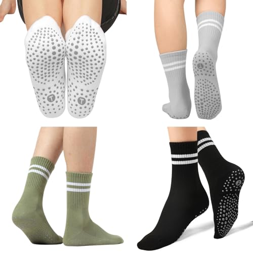 Image of Toes Home Pilates Socks for Women with Non Slip Grippers, Yoga Crew Socks for Barre Hospital Sticky Slipper Socks 4 Pairs
