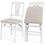 COSTWAY Folding Dining Chairs of 2, Classic Farmhouse Dining Room Chairs with Fabric Padded Seat, No Assembly, Rubber Wood Kitchen Chairs for Living Room, Kitchen, Restaurant (White)