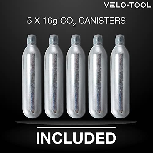 Velo-Tool CO2 Inflator Bike Pump  Premium, Quick & Lightweight + 5 x 16g CO2 Canisters / Cartridges With Insulation Foam Grip - Presta & Schrader Valve Compatible  Mountain, Road and BMX Bikes