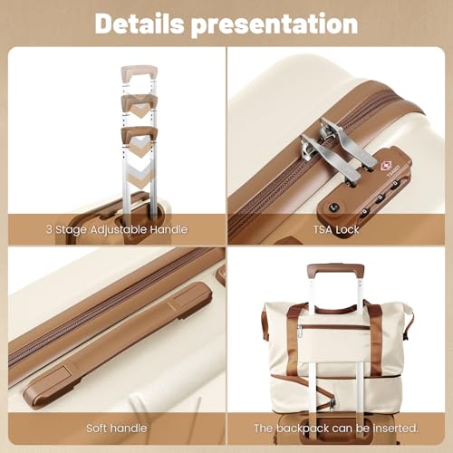 Image of 3-Piece Luggage Set with 20 inch Carry On, ABS Hardside Suitcase with Spinner Wheels & TSA Lock, Easy-Control Rolling Suitcase for Business Trips & Weekend Getaways (20 /TB /DB Beige)