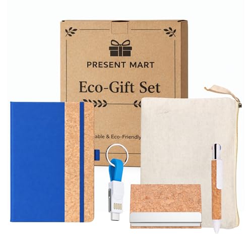 Image of 4 in 1 Diary Gift Set | A5 Cork Notebook | Stainless Steel Visiting Card Holder | 3-in-1 Charging Cable | Cork Pen & Canvas Pouch | Premium Eco-Friendly Gift Set for Professionals & Corporate Gifting | Gift Set for Men and Women