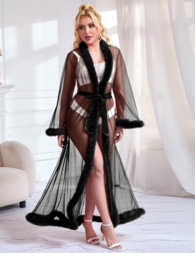ohyeah Women Feather Bridal Robe for Wedding Plus Size Lingerie Robe with Fur Nightgown Bathrobe Tulle Maternity Dress2