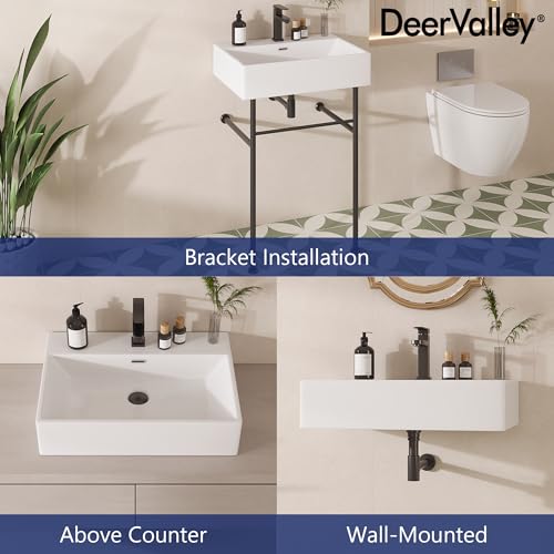 DeerValley 24"x17" Console Bathroom Sink, Free Standing 30 Inch Stainless Steel Support Pedestal Legs, Wall-Mounted White Ceramic Basin, Modern Rectangular Sink Porcelain, Matte Black