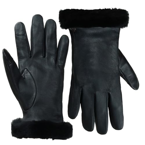 UGG Womens Sheepskin Cuff Gloves with Touchscreen Fingertips Genuine Leather Exterior Fur Trim and Logo Detail - Warm Stylish and Comfortable Winter Wear Black Medium