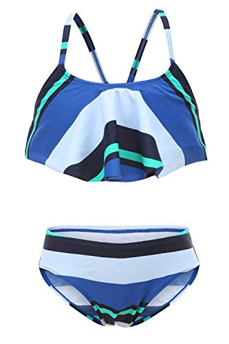 Image of Girls Two Piece Bikini Swimsuits Striped Ruffle Swimwear Falbala Bathing Suit Set