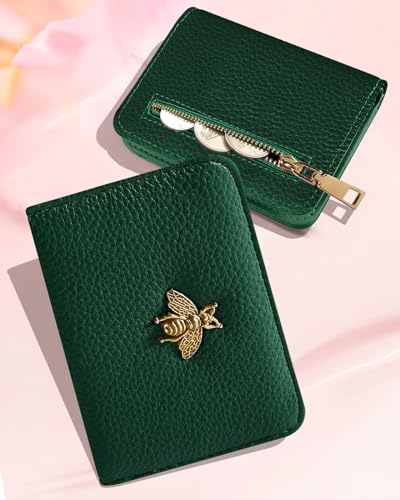 Image of Bistup Leather 12 Slot Accordion Card Holder Wallet, Green Bee | Accordion Storage, Zipper Around Closure, Compact Patterned Wallet for IDs, Cards, Cash, Daily Carry and Gifts