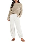 Prinbara Women's Two Piece Outfits Sweater Sets Long Sleeve Knit Pullover Tops Casual Pants Matching Lounge 2023 Fall Fashion Clothes Tracksuit Sweatsuit Set Khaki White 1PA082-qiankaqi-M (JM29)