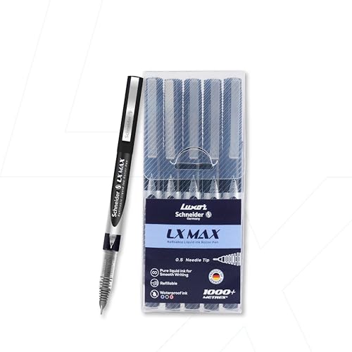 Image of Luxor Schneider, LX MAX roller ball pen, Pack of 5 - Black, Needle Tip, 0.5mm, 100% German Technology, 1000+ mtrs writing length, Waterproof Ink, Ideal for Students & Professionals