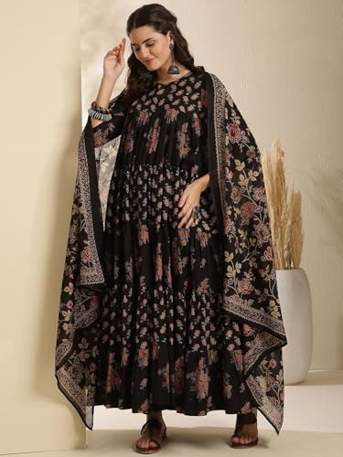 Image of ANNI Designer Viscose Blend Kurta for Women | Kurti Set Woman | Anarkali Kurta with Pant & Dupatta | Black Floral Hand Block Printed Suit | Ethnic Indian Outfit Party Office Traditional Fashion Wear