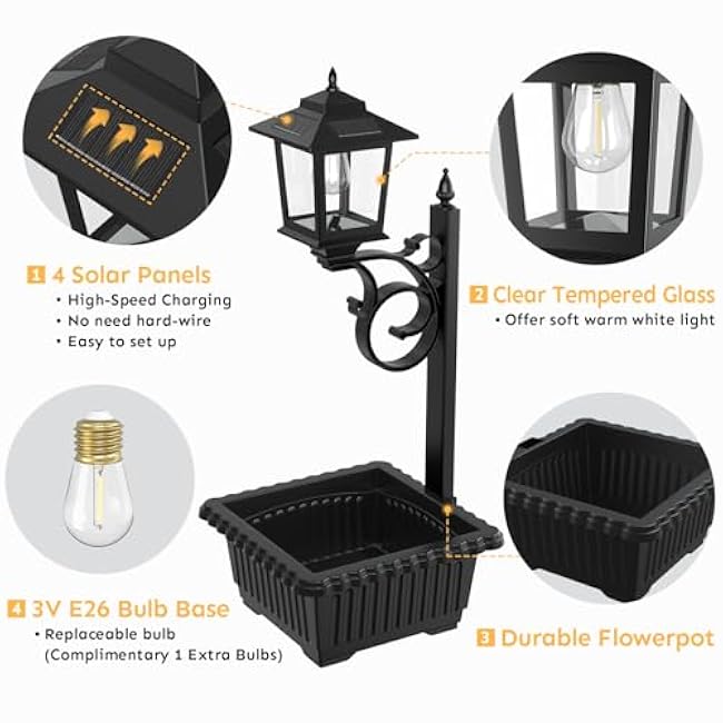 2 in 1 Solar Lamp Post Light with Planter, Outdoor Flower Pots, Solar Post Lights Waterproof, Led Planters Pots, Outdoor Lamps for Patio, Front Porch Decor, Warm White, Replaceable Bulb