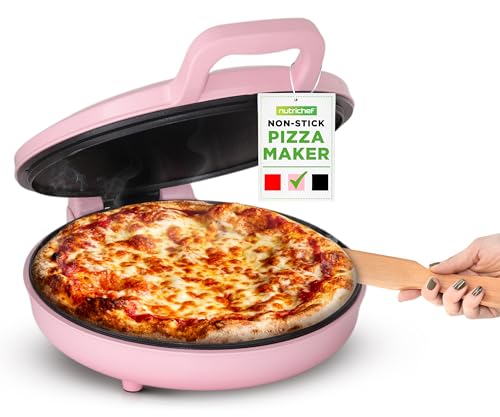 NutriChef Countertop Pizza Maker, 1500W Electric Pizza Cooker with Adjustable Temperature Control Mode (175–400°F), Non-Stick 12" Pizza Grill, Cool-Touch Handles, Compact Design – Pink by Nutrichef - Used condition - CA$50.51