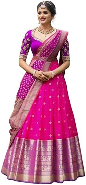 NAVKARMIT Women's Pure Pattu Silk Zari Weaving Lehenga Choli, Unstitched Lehenga Choli, Half Saree.