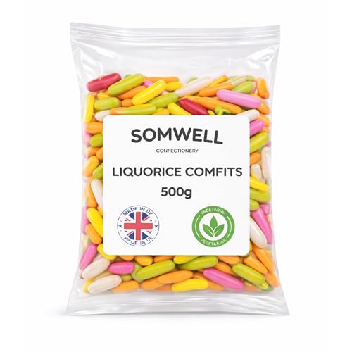 Somwell - Liquorice Comfits 500g - Retro Sugar Coated Liquorice Sweets - Bulk Pick & Mix Bag - Ideal for Parties Office & Gifts - Gelatine Free Vegetarian - Resealable Pack