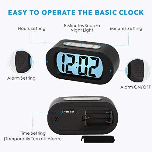 Image of Plumeet Kids Alarm Clock Large Digital LCD Travel Alarm Clocks with Snooze and Night Light - Ascending Sound and Handheld Size - Best Gift for Kids (Black)