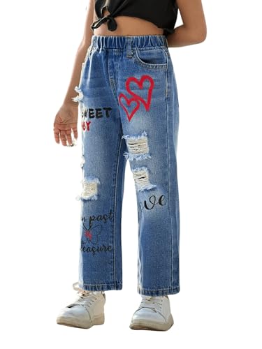 Floerns Toddler Girl's Elastic Waist Ripped Graphic Print Straight Leg Denim Pants4