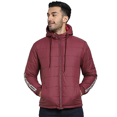Image of Bewakoof Men's Typography Regular Fit Full Sleeve Hooded Poly Blend Puffer Jacket