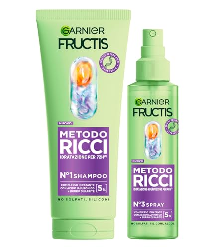 Garnier Fructis Metodo Ricci Set Shampoo 200ml + Spray Idratante 150ml con Acido Ialuronico e Burro di Karité per Ricci Forti Idratati ed Elastici Formula Vegana - Set da 2
