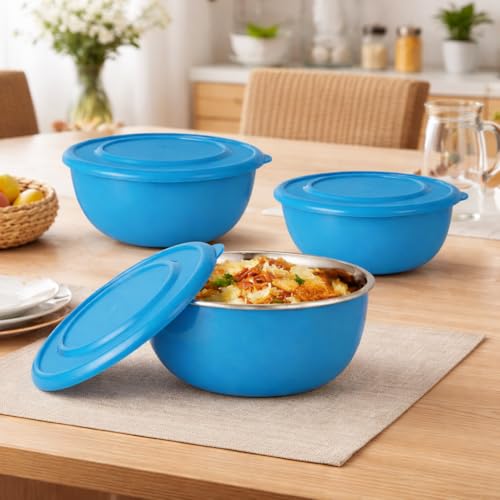 Image of Zaib Microwave Safe Stainless Steel Mixing Bowl Set with Lids | Blue Euro Style Food Storage Containers for Kitchen | Pack of 3 (Classic Blue Plain)
