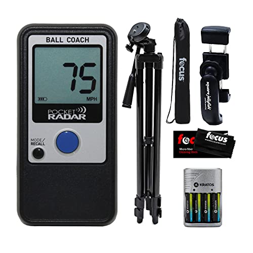 Pocket Radar Ball Coach/Pro-Level Speed Training Tool and Radar Gun with 57-Inch Tripod, Pocket-Sized Spring Tripod Mount, Battery Charger Pack and Cleaning Cloth Bundle (5 Items)