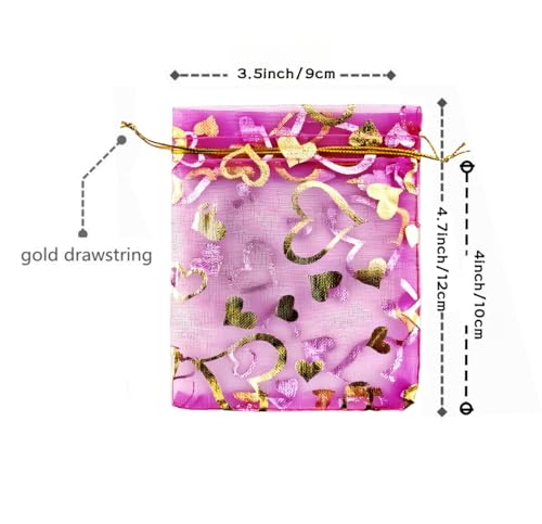 Image of 100 Pack 3.5 x 4.7 Inch Organza Jewelry Gift Pouch B921, Fuchsia Heart | Candy Pouch, Drawstring, Wedding Favor Bags