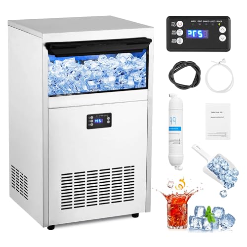 Commercial Ice Maker Machine, 130Lbs/24H Stainless Steel Ice Machine with