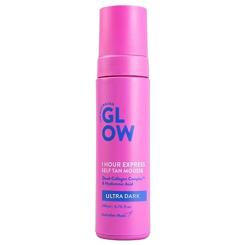 Australian Glow 1 Hour Express - Mousse autobronceador con complejo de colágeno cuádruple y ácido hialurónico, ultra oscuro, 6.76 onzas líquidas