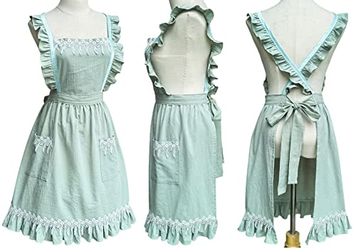 Vanoker Women Girls Pleated Cotton Lace X Back Long Aprons Home Kitchen Garden Art Pinafore Florist Shop Overalls (Green, 35.4L) #TOP4