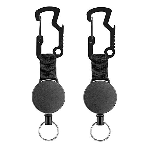 Key Chain Retractable Badge Holder Reel Multitool Carabiner with Bottle Opener Sturdy Key Ring 24 Inch Retractable Steel Wire for Men, Boys, Black, 2 Pack