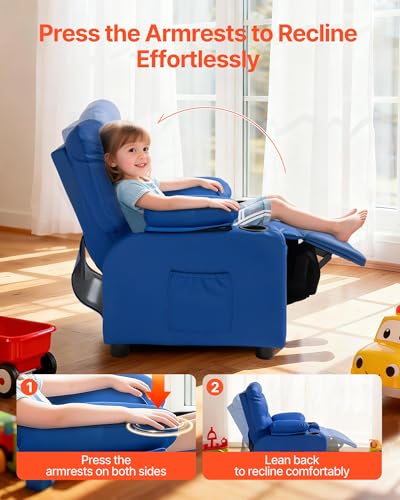 Image of VEVOR Kids Reclining Chair, Toddler Recliner with 2 Cup Holders and 4 Pockets, 107 to 126 Adjustable Back, Easy-to-Clean PU Leather Recliner Couch with Footrest, for Boys, Girls & Children (Blue)