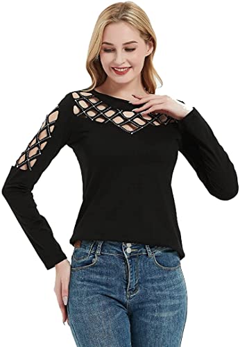 Memorose Long Sleeve Shirts for Women Crewneck Sexy Rhinestone Cut Out Tops Sparkle Blouse4