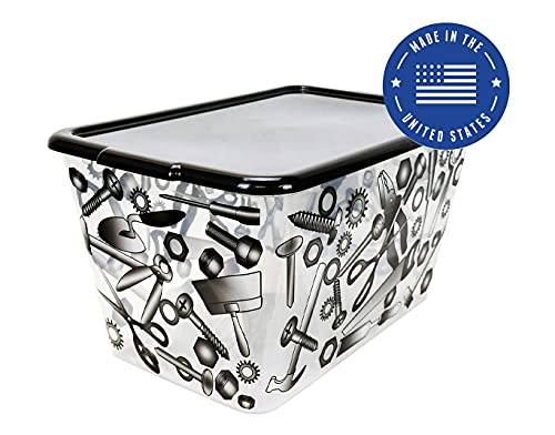 Image of SIMPLYKLEEN Storage Totes with Lids 4PC - Made in USA 14.5-Gallon Colorful Printed Decorative Design Storage Boxes Storage Bins with Lids Plastic Storage Containers for Organizer Black /Tool Clear