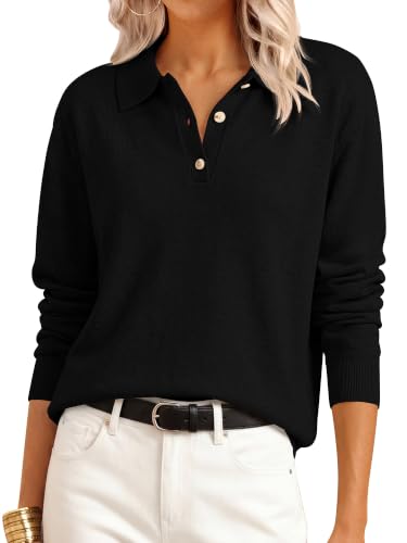 ANRABESS Sweaters for Women Polo Collared Knit Long Sleeve Pullover,Black,L