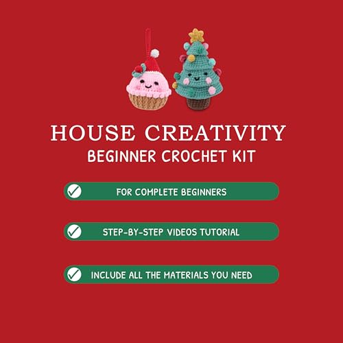 Image of HOUSE CREATIVITY Crochet Kit for Beginners - Make a Christmas Tree & Cupcake, Amigurumi Crochet Starter Kit with Video Tutorial, Yarn & Hook, DIY Holiday Ornament & Cute Desk Decor Gift