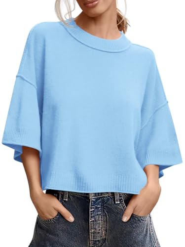 Image of Saodimallsu Womens Short Sleeve Sweater Summer Oversized Cropped Sweaters Casual Crewneck Lightweight Knit Tops