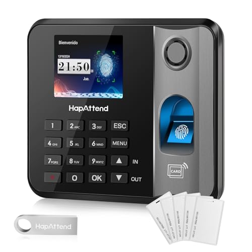 HapAttend Control horario empleados, Español Reloj de fichar con Huella Dactilar, RFID Tarjetas, H1 Maquina de fichar empleados de hasta 3000 usuarios sin conexión Internet Negro Escáner
