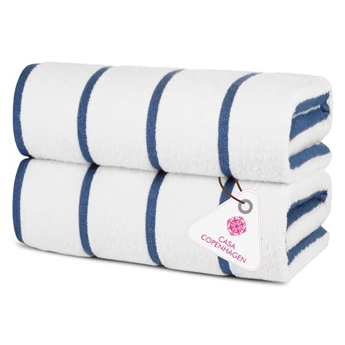 Image of Casa Copenhagen Pack of 2 Cabana Pool XL Towels for Bath Cotton Rough and Tough Use,70 x 140 cm Colour : White Navy Stripe