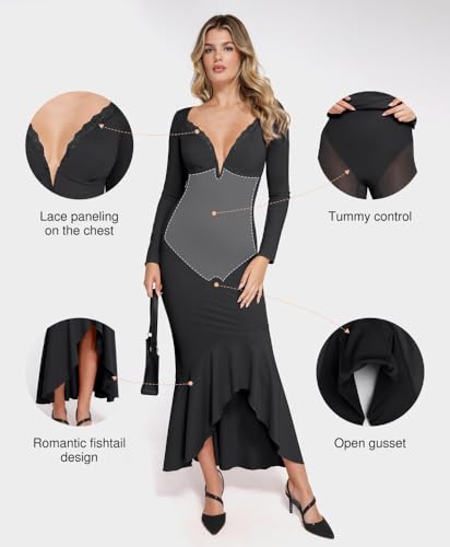 Image of Popilush Long Sleeve Cocktail Dress for Women Shapewear Tummy Control Party Dresses Deep V Neck Lace Mermaid Maxi Dress