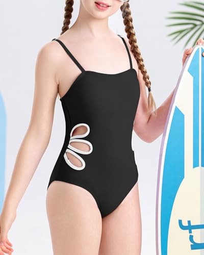 Century Star Girls Swimsuit Bathing Suit Teen One Piece Swimsuits Adjustable Straps Cut Out Quick Dry Swimwear Black 14-15 Years3