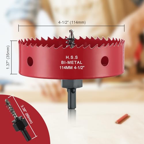 Image of 4-1 /2 Inch Hole Saw for Wood, 114mm HSS BI-Metal Hole Saw for Recessed Lighting, 35mm Cutting Depth Hole Cutter with Hex Shank Drill Bit Adapter for Cornhole Boards Plastic Drywall Fiberboard, Red