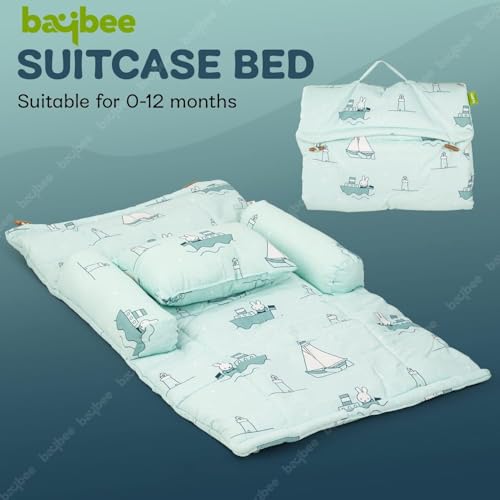 Image of BAYBEE Bedding Set for Newborn | Baby Cushion Mattress | Foldable Carry Bed | Pure Cotton Lounger | Travel-Friendly Nest for 0-6 Months (Green)