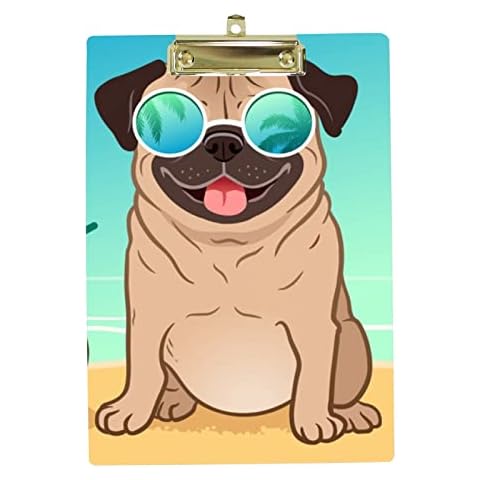 Plastic Clipboard A4 Size, Pug Dog Clipboards for Student School Office, Acrylic Clip Board with Low Profile Metal Clip Hanging Hole Cover